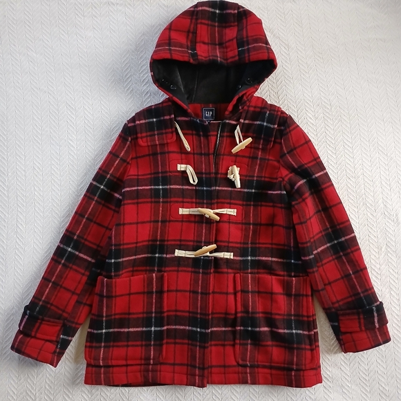gap ♡ wool plaid duffle coat red black winter holiday - Picture 1 of 13